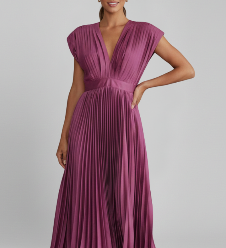 Damen Midi-Kleid mit V-Ausschnitt und plissiertem Rock