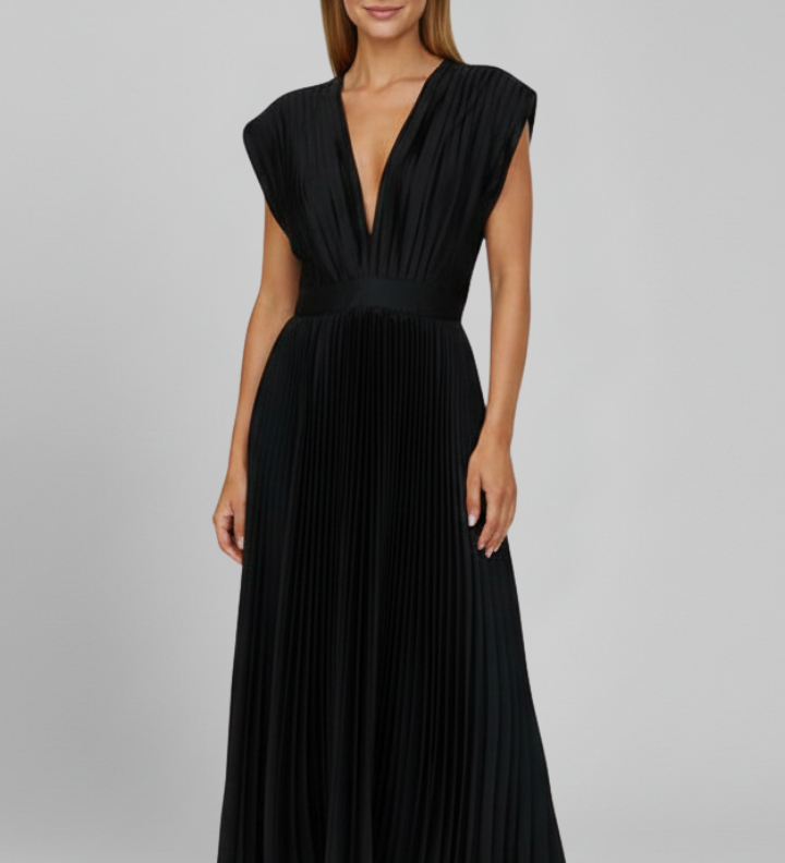 Damen Midi-Kleid mit V-Ausschnitt und plissiertem Rock