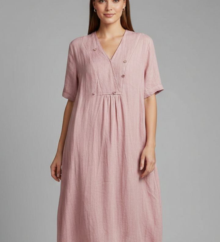 Damen Midi-Kleid mit V-Ausschnitt und kurzen Ärmeln