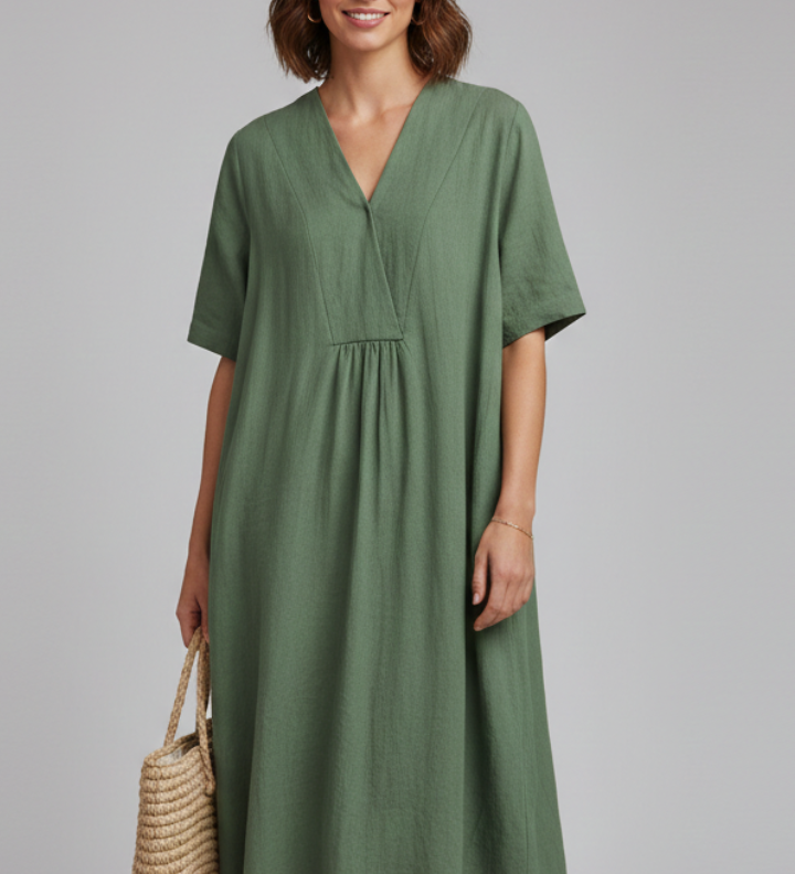 Damen Midi-Kleid mit V-Ausschnitt und kurzen Ärmeln