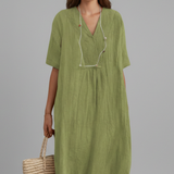 Damen Midi-Kleid mit V-Ausschnitt und kurzen Ärmeln