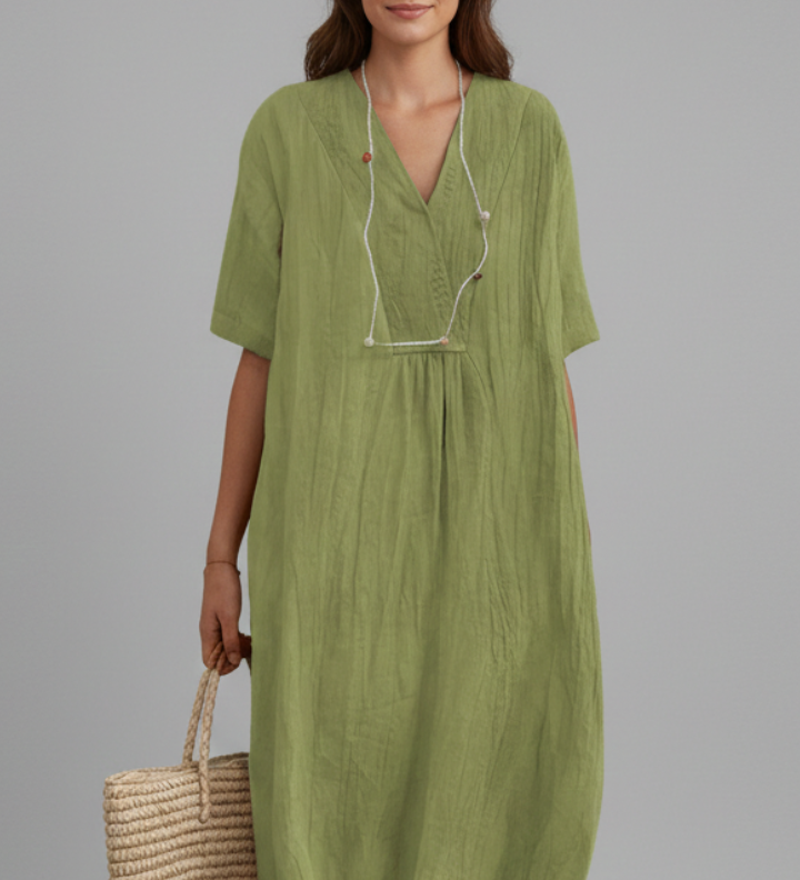 Damen Midi-Kleid mit V-Ausschnitt und kurzen Ärmeln