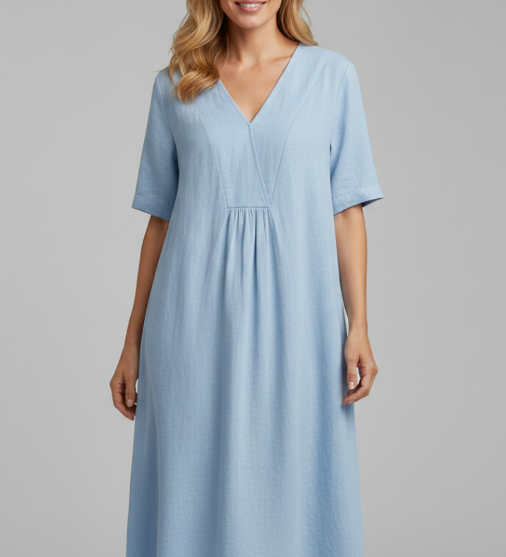 Damen Midi-Kleid mit V-Ausschnitt und kurzen Ärmeln