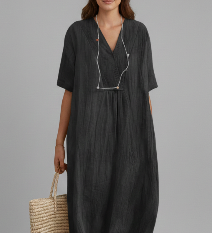 Damen Midi-Kleid mit V-Ausschnitt und kurzen Ärmeln