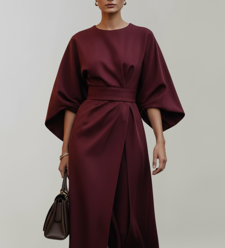 Damen Midi-Kleid mit weiten Ärmeln und tailliertem Bund