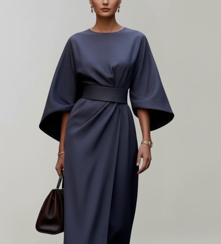 Damen Midi-Kleid mit weiten Ärmeln und tailliertem Bund