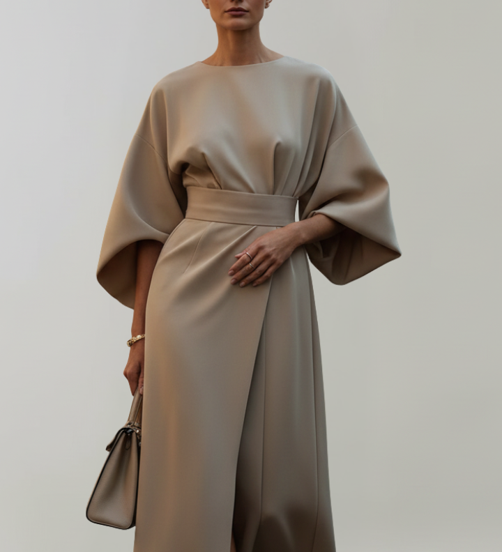 Damen Midi-Kleid mit weiten Ärmeln und tailliertem Bund