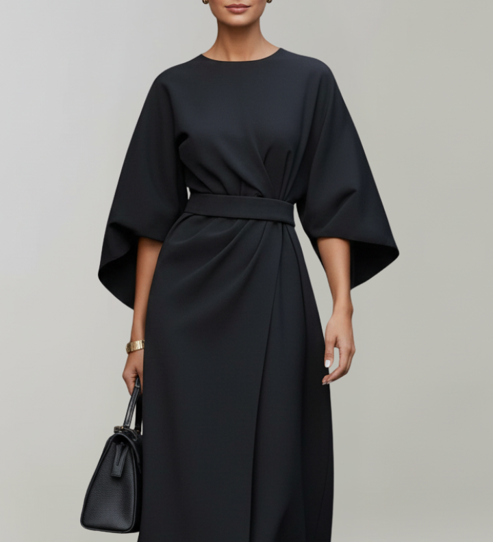 Damen Midi-Kleid mit weiten Ärmeln und tailliertem Bund