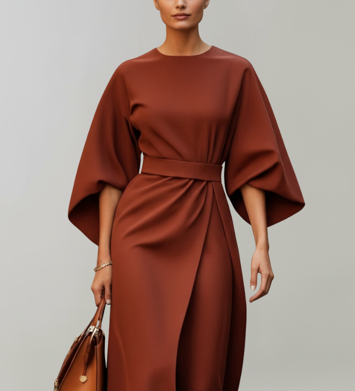 Damen Midi-Kleid mit weiten Ärmeln und tailliertem Bund