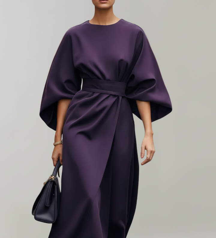 Damen Midi-Kleid mit weiten Ärmeln und tailliertem Bund