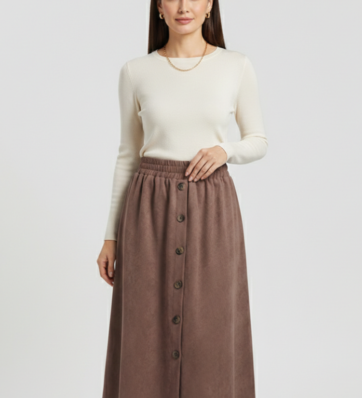 Damen Midi-Rock mit Knopfverschluss und elastischem Bund