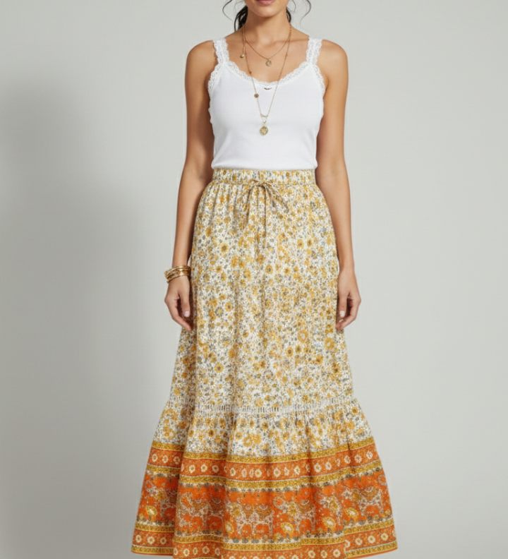 Damen Midi-Rock mit elastischem Bund und bedrucktem Saum