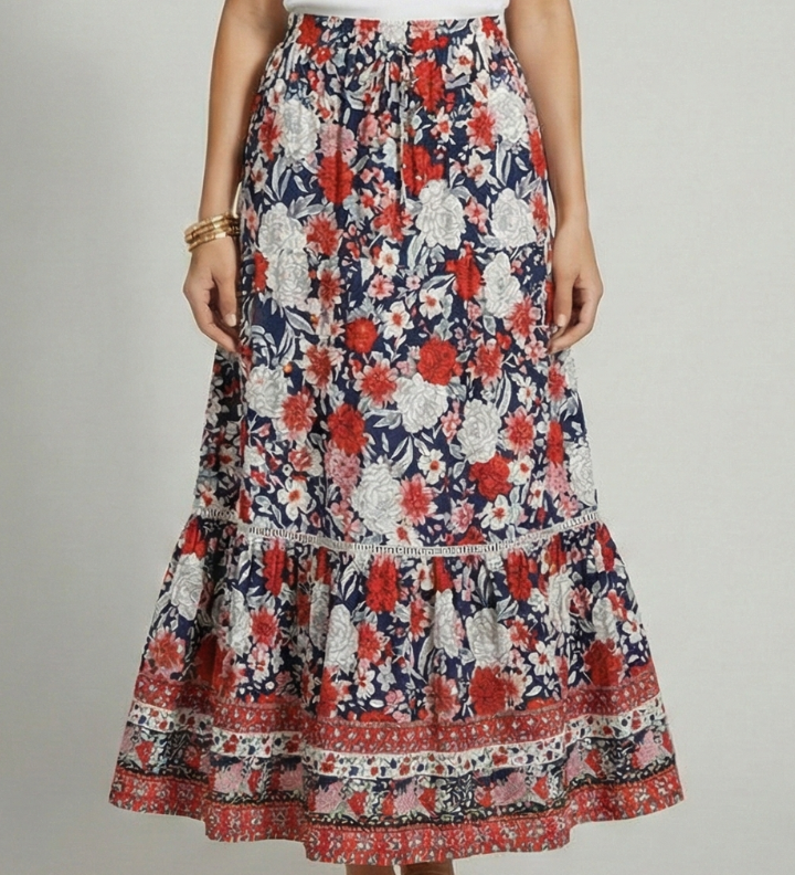 Damen Midi-Rock mit elastischem Bund und bedrucktem Saum