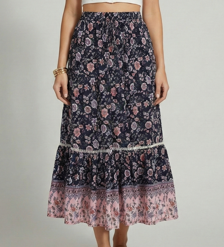 Damen Midi-Rock mit elastischem Bund und bedrucktem Saum