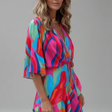 Damen Mini-Kleid mit Fledermausärmeln und Taillenkordel