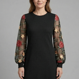 Damen Mini Kleid mit Bischofärmeln und besticktem Detail
