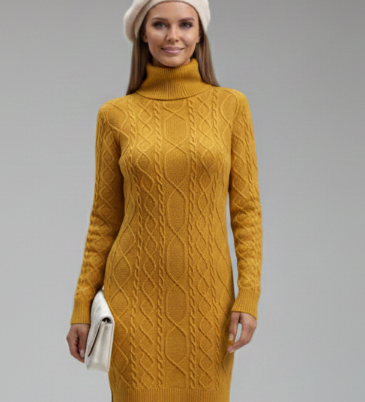 Damen Mini Kleid mit Rollkragen und Kabelmuster