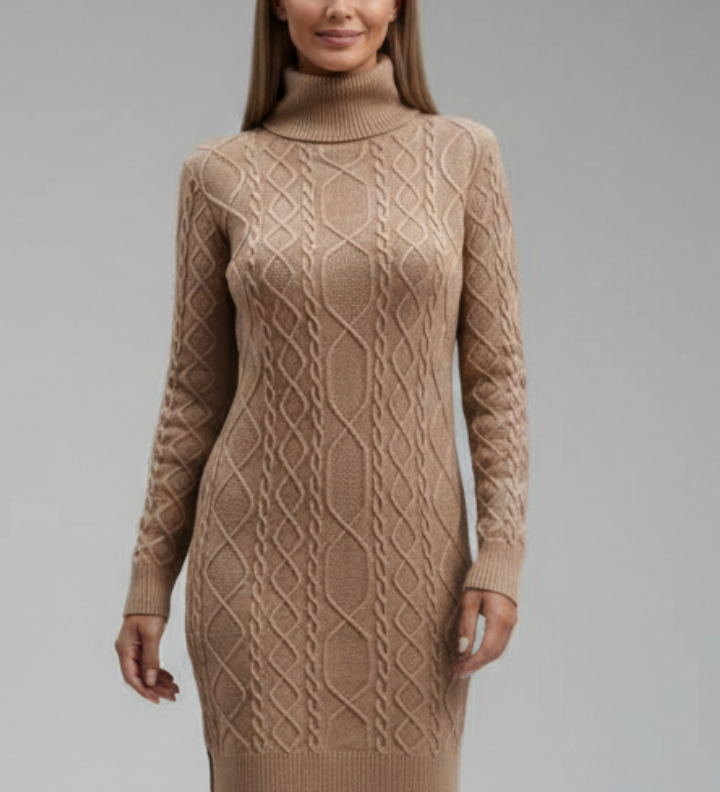 Damen Mini Kleid mit Rollkragen und Kabelmuster