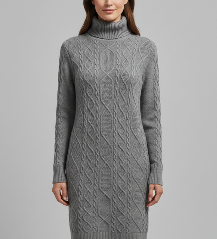 Damen Mini Kleid mit Rollkragen und Kabelmuster