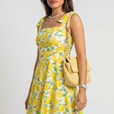 Damen Mini-Kleid mit quadratischem Ausschnitt und Schleifen-Trägern