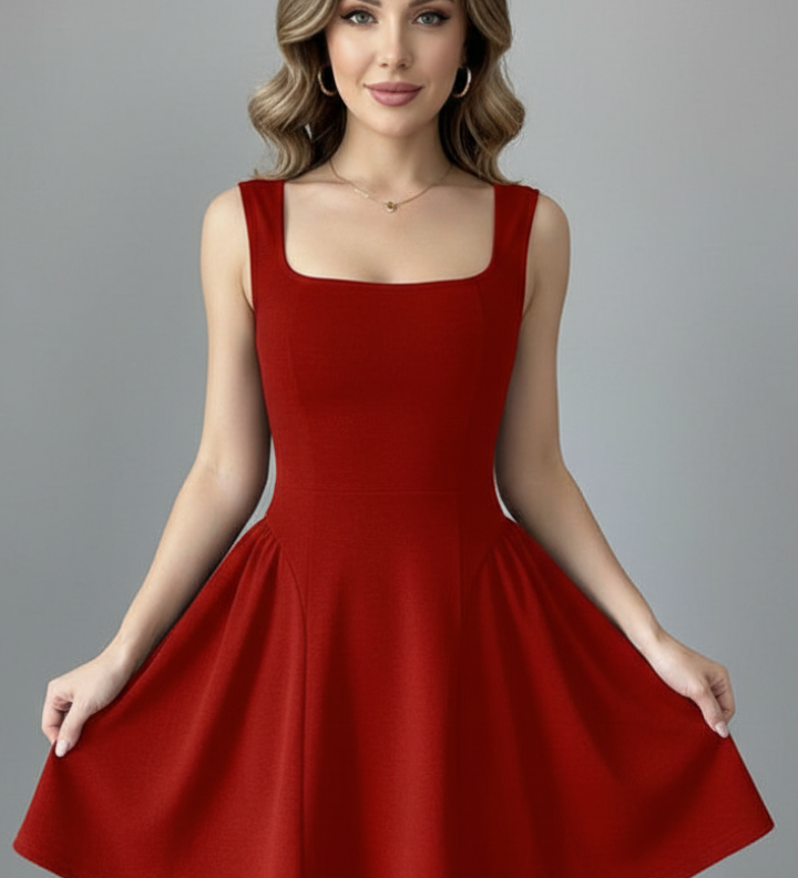 Damen Mini-Kleid mit quadratischem Ausschnitt und ärmellosem Design
