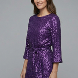 Damen Mini Kleid mit Bindegürtel und langen Ärmeln