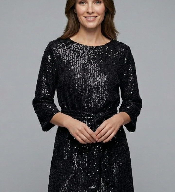 Damen Mini Kleid mit Bindegürtel und langen Ärmeln