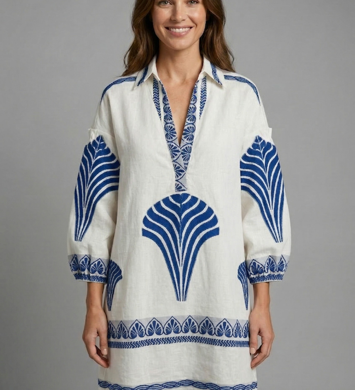 Damen Mini Kleid mit V-Ausschnitt und langen Ärmeln
