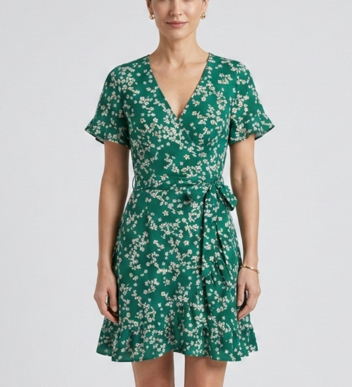 Damen Mini Kleid mit V-Ausschnitt und Rüschensaum