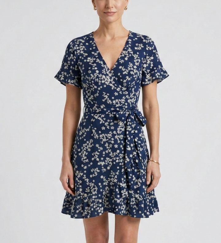 Damen Mini Kleid mit V-Ausschnitt und Rüschensaum