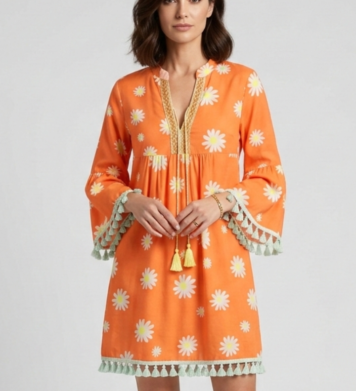 Damen Mini Kleid mit V-Ausschnitt und Quasten Saum