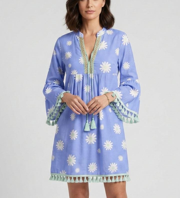 Damen Mini Kleid mit V-Ausschnitt und Quasten Saum