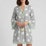 Damen Mini Kleid mit V-Ausschnitt und Quasten Saum