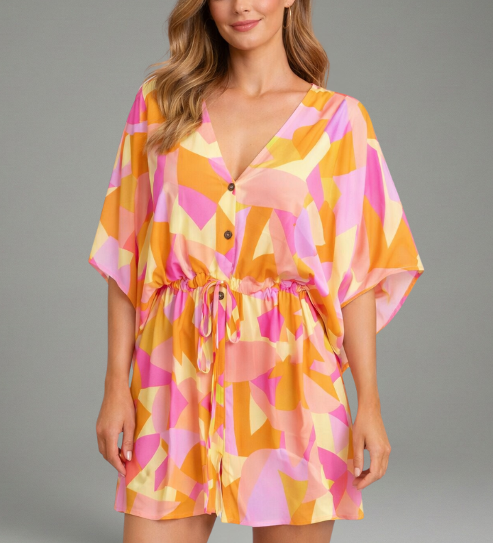 Damen Mini-Kleid mit V-Ausschnitt und Taillenkordel
