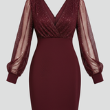 Damen Mini Kleid mit V-Ausschnitt und transparenten Ärmeln