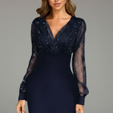 Damen Mini Kleid mit V-Ausschnitt und transparenten Ärmeln