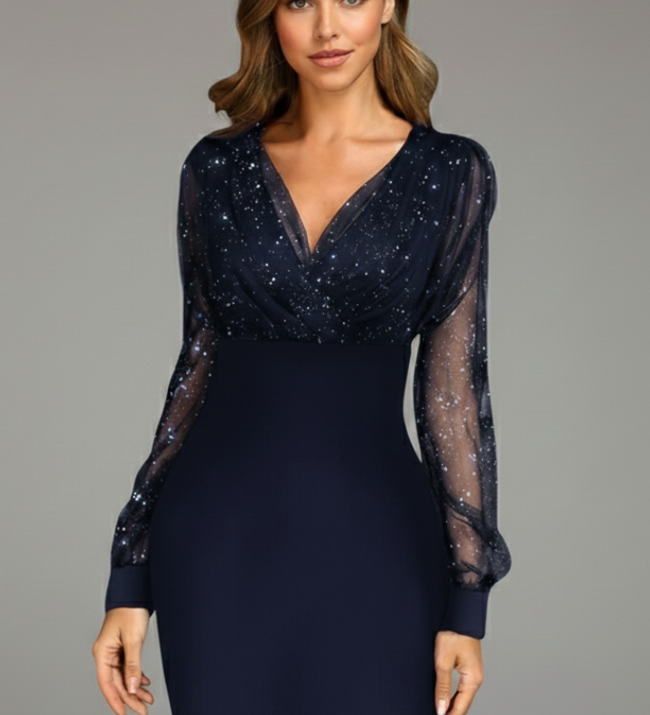 Damen Mini Kleid mit V-Ausschnitt und transparenten Ärmeln
