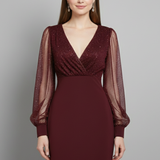Damen Mini Kleid mit V-Ausschnitt und transparenten Ärmeln