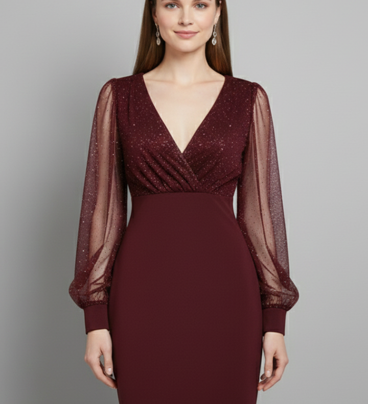 Damen Mini Kleid mit V-Ausschnitt und transparenten Ärmeln