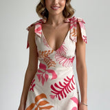Damen Mini Kleid mit V-Ausschnitt und Bindeschultern