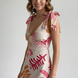 Damen Mini Kleid mit V-Ausschnitt und Bindeschultern