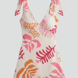 Damen Mini Kleid mit V-Ausschnitt und Bindeschultern