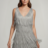 Damen Mini Kleid mit V-Ausschnitt und Fransen-Oberfläche