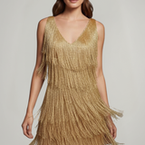 Damen Mini Kleid mit V-Ausschnitt und Fransen-Oberfläche