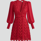 Damen Mini Kleid mit V-Ausschnitt und langen Ärmeln