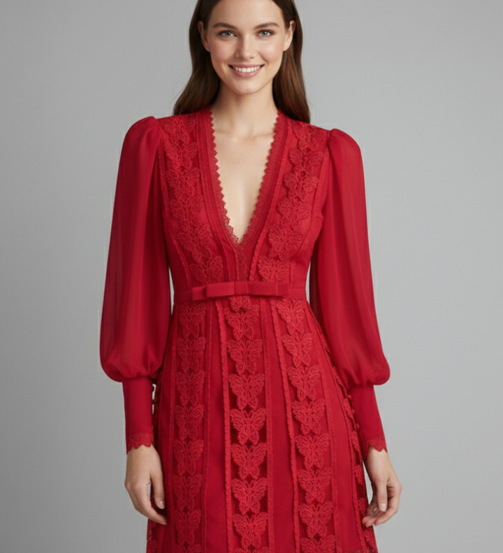 Damen Mini Kleid mit V-Ausschnitt und langen Ärmeln