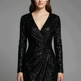 Damen Mini Kleid mit V-Ausschnitt und Pailletten-Oberfläche