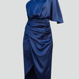 Damen Midi Kleid mit einem Schulterträger und Drapiertem Bund