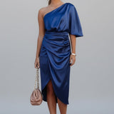 Damen Midi Kleid mit einem Schulterträger und Drapiertem Bund