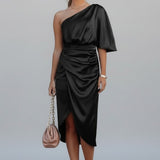 Damen Midi Kleid mit einem Schulterträger und Drapiertem Bund